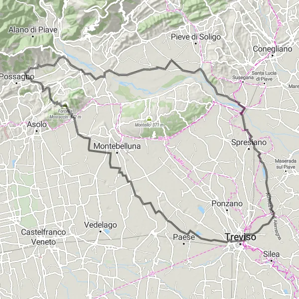 Miniaturní mapa "Okruh kolem Cavaso del Tomba" inspirace pro cyklisty v oblasti Veneto, Italy. Vytvořeno pomocí plánovače tras Tarmacs.app