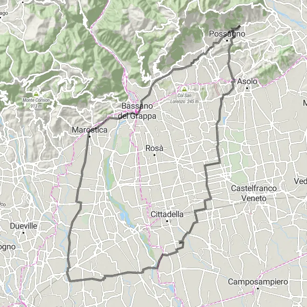 Miniatura mapy "Trasa wokół Cavaso del Tomba" - trasy rowerowej w Veneto, Italy. Wygenerowane przez planer tras rowerowych Tarmacs.app
