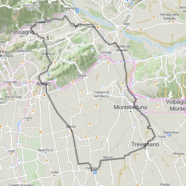 Kartminiatyr av "Oppdag Montello på Landeveissykkel" sykkelinspirasjon i Veneto, Italy. Generert av Tarmacs.app sykkelrutoplanlegger