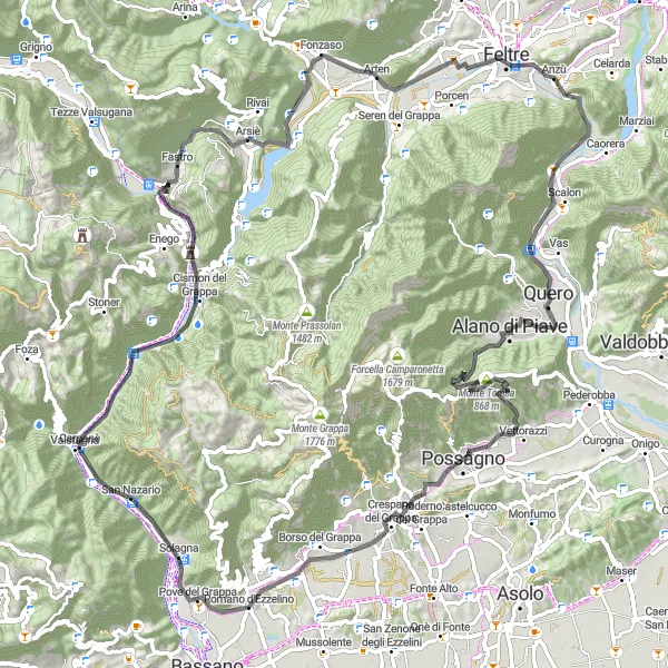 Miniatua del mapa de inspiración ciclista "Desafío en Monte Tomba" en Veneto, Italy. Generado por Tarmacs.app planificador de rutas ciclistas