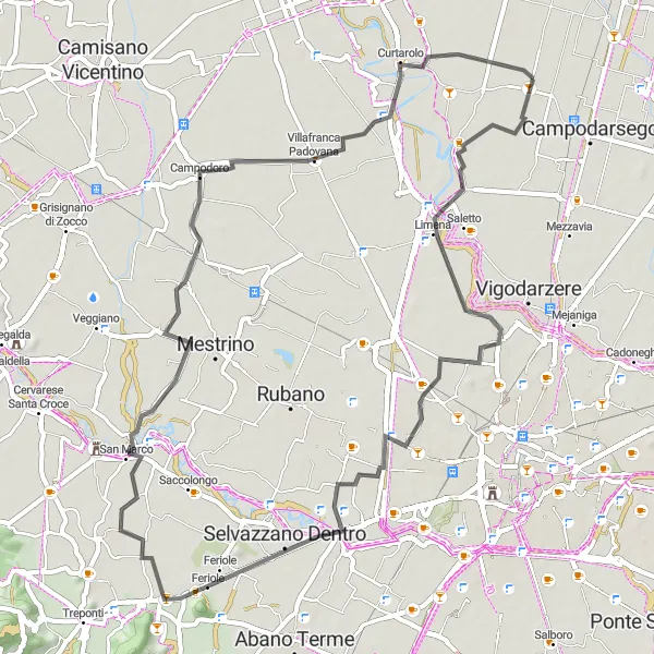 Miniatua del mapa de inspiración ciclista "Ruta de Ciclismo Cascina - Altichiero - Selvazzano Dentro - Monte Rosso - Campodoro - Cavino" en Veneto, Italy. Generado por Tarmacs.app planificador de rutas ciclistas
