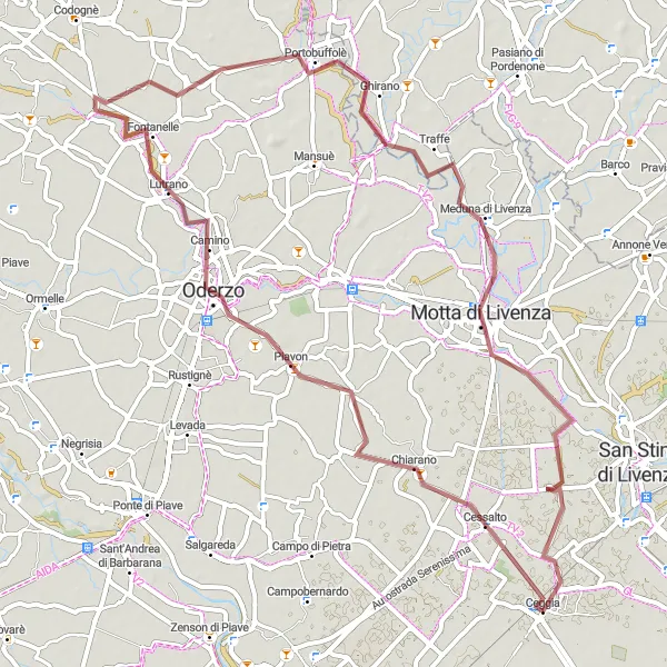 Map miniature of "Gravel Adventure around Ceggia" cycling inspiration in Veneto, Italy. Generated by Tarmacs.app cycling route planner