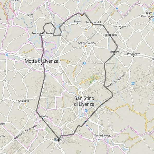 Karten-Miniaturansicht der Radinspiration "Radrundweg von Meduna di Livenza nach Pravisdomini und Ceggia" in Veneto, Italy. Erstellt vom Tarmacs.app-Routenplaner für Radtouren