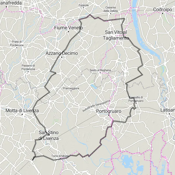 Map miniature of "Venetian Countryside Adventure" cycling inspiration in Veneto, Italy. Generated by Tarmacs.app cycling route planner