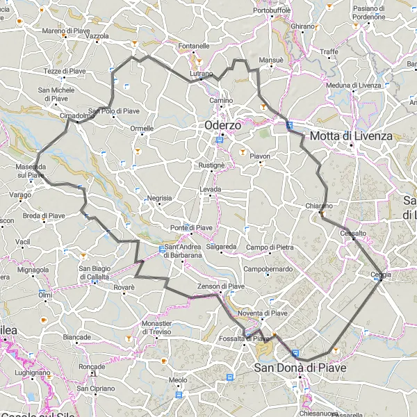 Mapa miniatúra "Jazda z Ceggia do Fossalta di Piave" cyklistická inšpirácia v Veneto, Italy. Vygenerované cyklistickým plánovačom trás Tarmacs.app