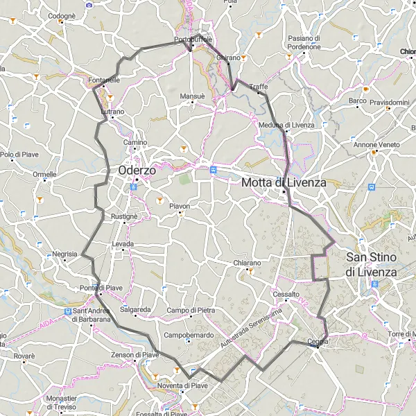 Miniatua del mapa de inspiración ciclista "Ruta de ciclismo en carretera cerca de Ceggia" en Veneto, Italy. Generado por Tarmacs.app planificador de rutas ciclistas