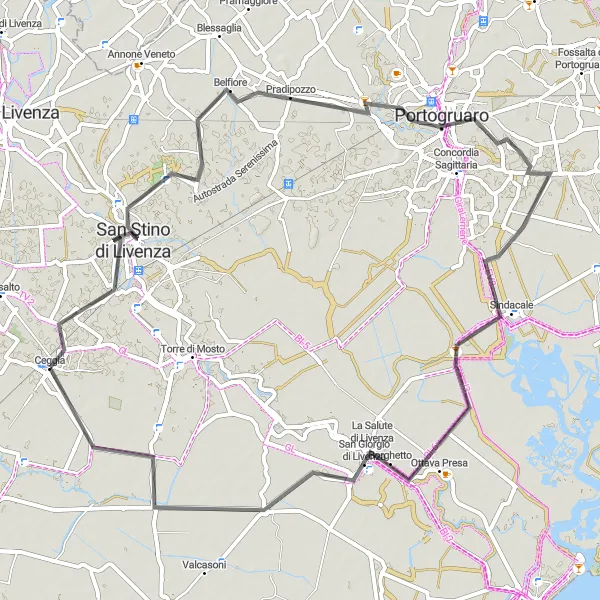 Mapa miniatúra "Kruhová cyklistická trasa okolo Ceggia" cyklistická inšpirácia v Veneto, Italy. Vygenerované cyklistickým plánovačom trás Tarmacs.app