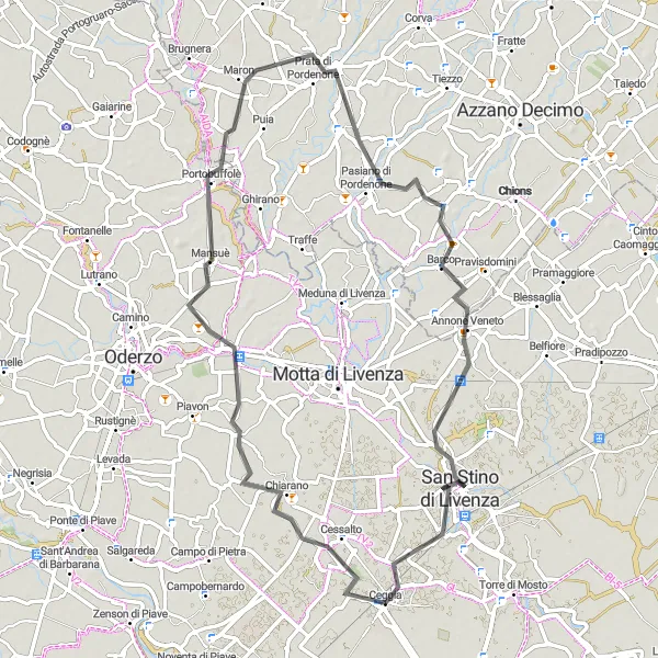 Miniatua del mapa de inspiración ciclista "Ruta de ciclismo de 70 km desde Ceggia a San Stino di Livenza" en Veneto, Italy. Generado por Tarmacs.app planificador de rutas ciclistas