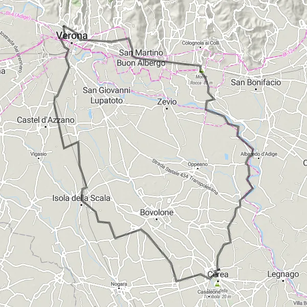 Miniatuurkaart van de fietsinspiratie "Uitdagende tocht naar Verona en terug" in Veneto, Italy. Gemaakt door de Tarmacs.app fietsrouteplanner