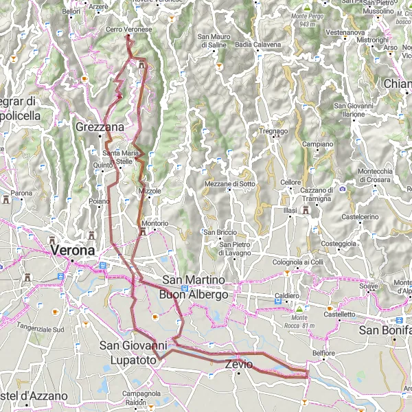 Mapa miniatúra "Gravelová cesta cez Monte Cucco a Cerro Veronese" cyklistická inšpirácia v Veneto, Italy. Vygenerované cyklistickým plánovačom trás Tarmacs.app