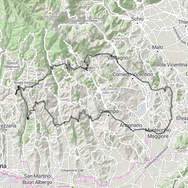 Miniatuurkaart van de fietsinspiratie "Fietsen vanuit Cerro Veronese naar Monte Purghestal en terug" in Veneto, Italy. Gemaakt door de Tarmacs.app fietsrouteplanner