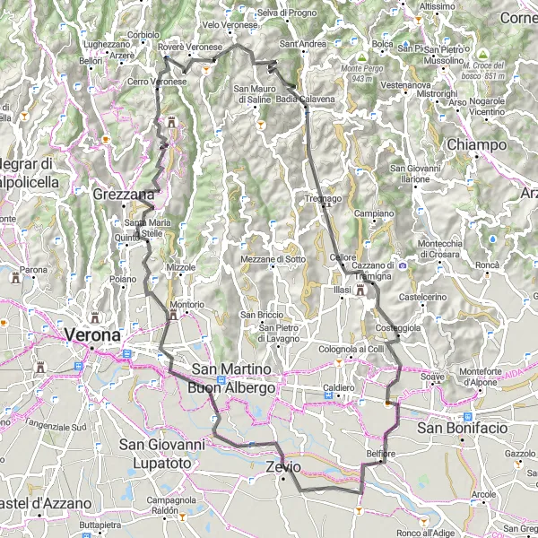 Miniatuurkaart van de fietsinspiratie "Round-Trip to Monte Purghestal from Cerro Veronese" in Veneto, Italy. Gemaakt door de Tarmacs.app fietsrouteplanner