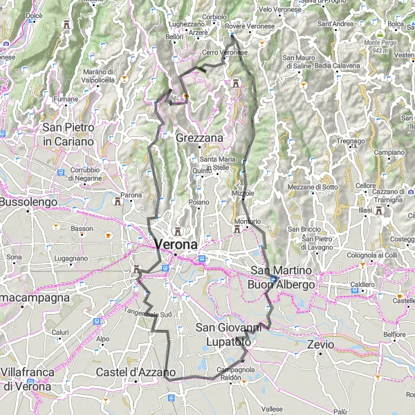 Miniatua del mapa de inspiración ciclista "Ruta escénica de ciclismo de carretera desde Cerro Veronese a San Martino Buon Albergo" en Veneto, Italy. Generado por Tarmacs.app planificador de rutas ciclistas