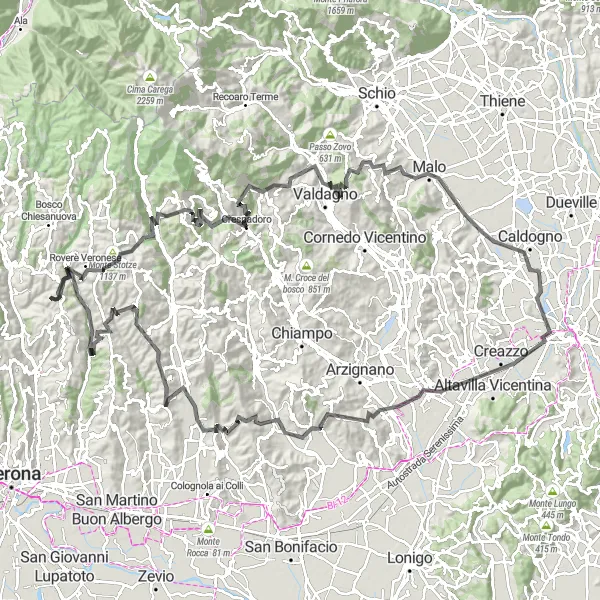 Miniaturekort af cykelinspirationen "Udfordrende Rute gennem Veneto's Bakker og Dale" i Veneto, Italy. Genereret af Tarmacs.app cykelruteplanlægger