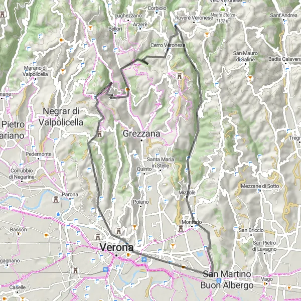 Kartminiatyr av "Cerro Veronese till Monte del Titti" cykelinspiration i Veneto, Italy. Genererad av Tarmacs.app cykelruttplanerare