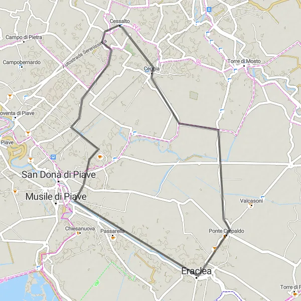 Mapa miniatúra "Okruh cez Eraclea a Conca di Intestadura" cyklistická inšpirácia v Veneto, Italy. Vygenerované cyklistickým plánovačom trás Tarmacs.app
