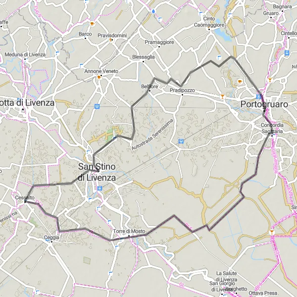 Mapa miniatúra "Okruh do San Stino di Livenza" cyklistická inšpirácia v Veneto, Italy. Vygenerované cyklistickým plánovačom trás Tarmacs.app