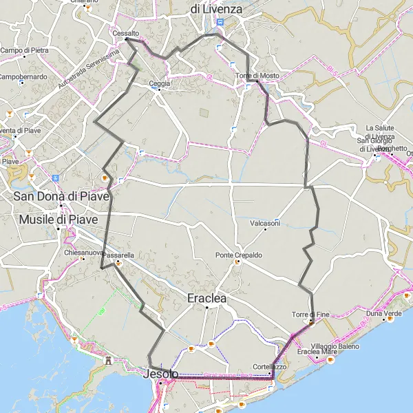 Mapa miniatúra "Jazda cez Jesolo a okolie" cyklistická inšpirácia v Veneto, Italy. Vygenerované cyklistickým plánovačom trás Tarmacs.app