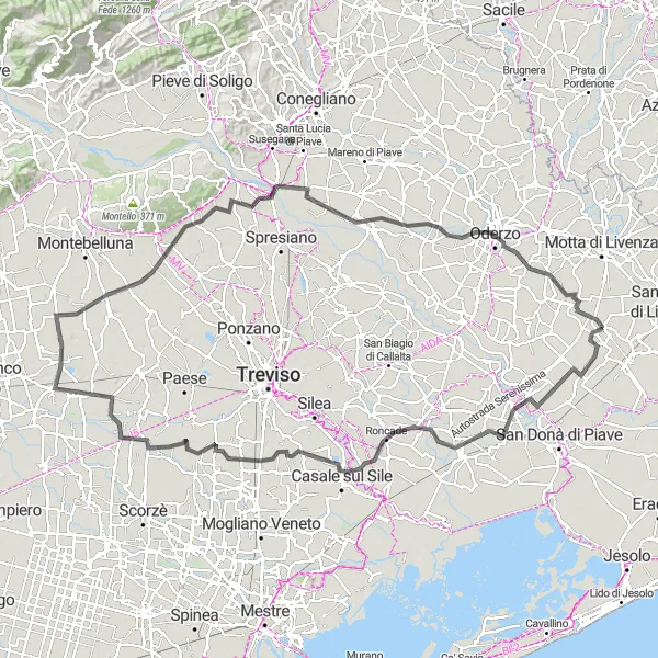 Miniatura della mappa di ispirazione al ciclismo "Percorso in Bici da Strada da Cessalto a Oderzo" nella regione di Veneto, Italy. Generata da Tarmacs.app, pianificatore di rotte ciclistiche