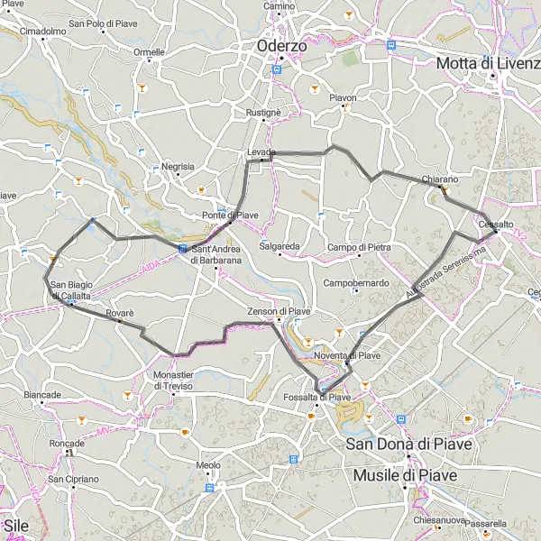 Mapa miniatúra "Trasa cez Fossalta di Piave" cyklistická inšpirácia v Veneto, Italy. Vygenerované cyklistickým plánovačom trás Tarmacs.app