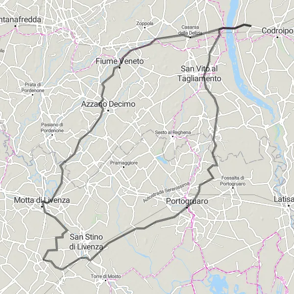 Kartminiatyr av "Cessalto til San Vito al Tagliamento Sykkelløkke" sykkelinspirasjon i Veneto, Italy. Generert av Tarmacs.app sykkelrutoplanlegger