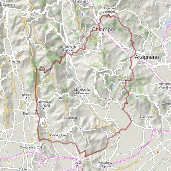 Zemljevid v pomanjšavi "Razburljiva avantura okoli Chiampa" kolesarske inspiracije v Veneto, Italy. Generirano z načrtovalcem kolesarskih poti Tarmacs.app