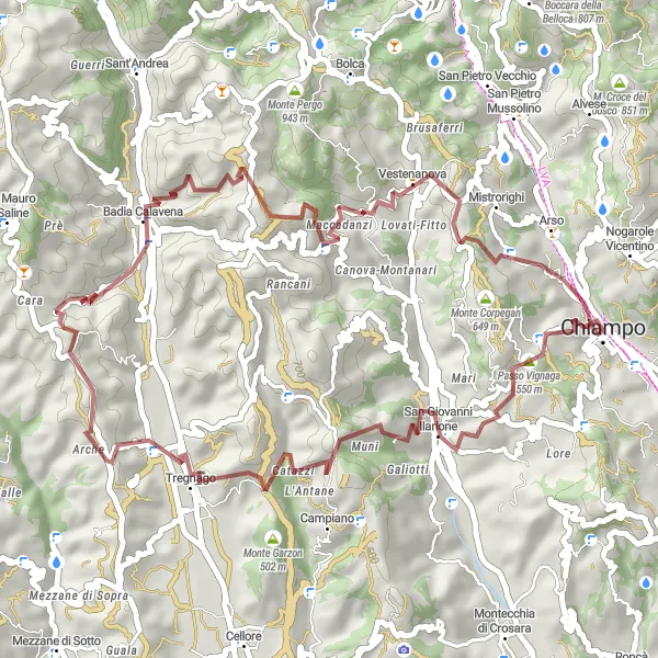 Miniatua del mapa de inspiración ciclista "Ruta a Monte Tomba y Castellaro" en Veneto, Italy. Generado por Tarmacs.app planificador de rutas ciclistas