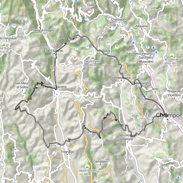 Zemljevid v pomanjšavi "Pot od Chiampa do Passo Vignaga" kolesarske inspiracije v Veneto, Italy. Generirano z načrtovalcem kolesarskih poti Tarmacs.app