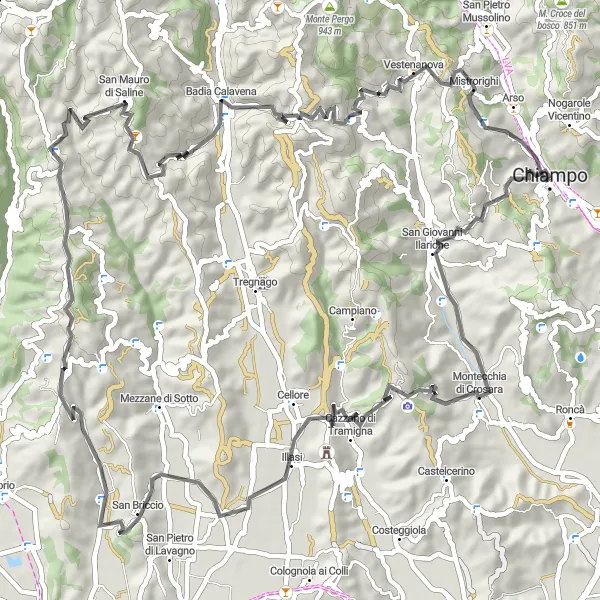 Zemljevid v pomanjšavi "Kolesarska pot od Chiampa do Castellaro" kolesarske inspiracije v Veneto, Italy. Generirano z načrtovalcem kolesarskih poti Tarmacs.app
