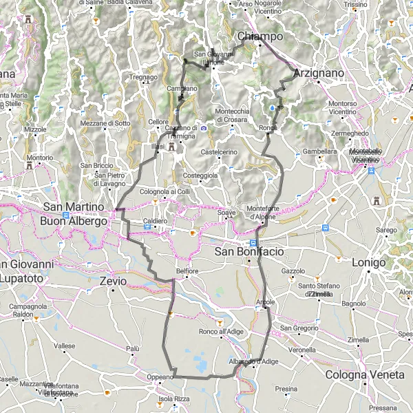 Miniatuurkaart van de fietsinspiratie "Adembenemende fietstocht rond Chiampo" in Veneto, Italy. Gemaakt door de Tarmacs.app fietsrouteplanner