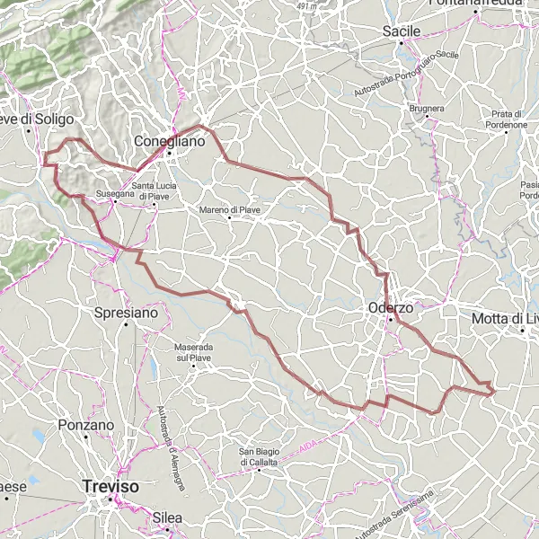 Kartminiatyr av "Grusvei sykling fra Chiarano" sykkelinspirasjon i Veneto, Italy. Generert av Tarmacs.app sykkelrutoplanlegger