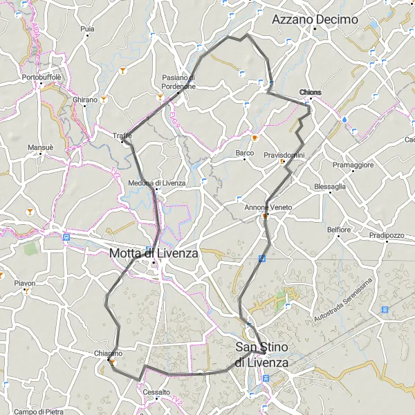 Karten-Miniaturansicht der Radinspiration "Rundfahrroute von Chiarano: Motta di Livenza, Chions, San Stino di Livenza" in Veneto, Italy. Erstellt vom Tarmacs.app-Routenplaner für Radtouren