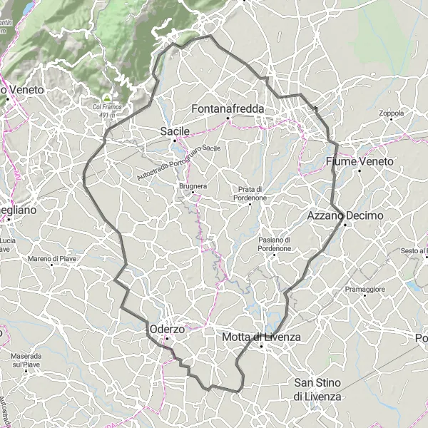 Mapa miniatúra "Cyklistická trasa Codognè - Motta di Livenza" cyklistická inšpirácia v Veneto, Italy. Vygenerované cyklistickým plánovačom trás Tarmacs.app