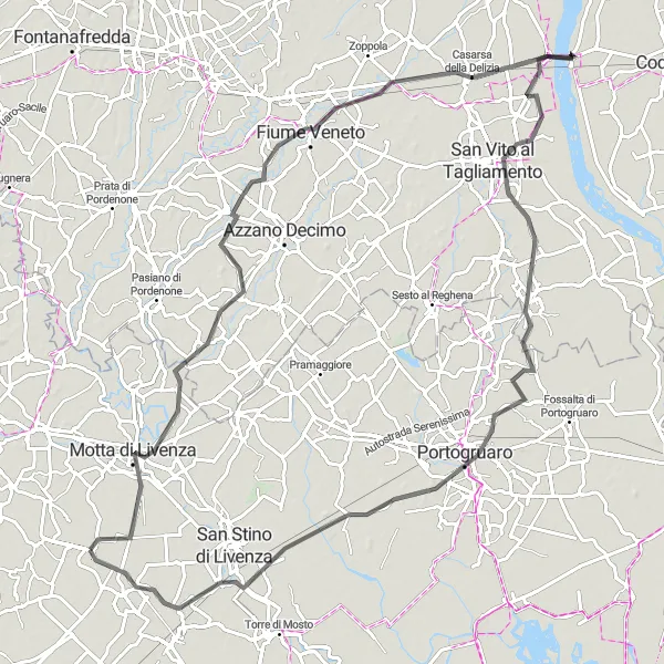 Miniatura della mappa di ispirazione al ciclismo "Tour in bicicletta attraverso Rosa e Cessalto" nella regione di Veneto, Italy. Generata da Tarmacs.app, pianificatore di rotte ciclistiche