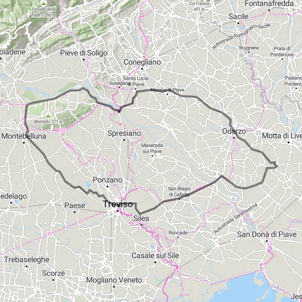 Miniatua del mapa de inspiración ciclista "Ruta de Chiarano a Treviso y Montebelluna" en Veneto, Italy. Generado por Tarmacs.app planificador de rutas ciclistas