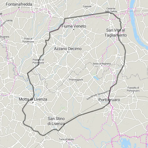 Miniatura della mappa di ispirazione al ciclismo "Tour ciclistico tra Meduna di Livenza e Cessalto" nella regione di Veneto, Italy. Generata da Tarmacs.app, pianificatore di rotte ciclistiche
