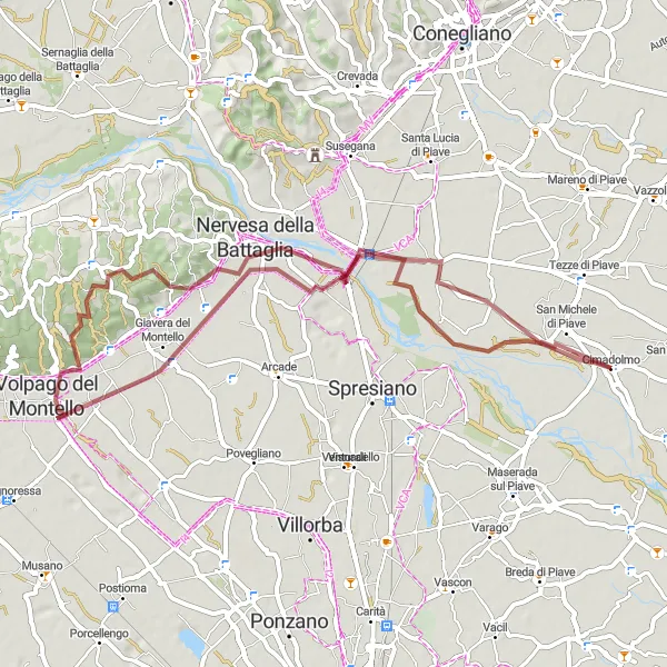 Miniaturní mapa "Gravelová trasa skrz Montello a Nervesa della Battaglia" inspirace pro cyklisty v oblasti Veneto, Italy. Vytvořeno pomocí plánovače tras Tarmacs.app