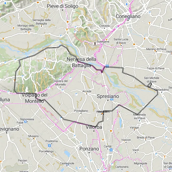 Miniatua del mapa de inspiración ciclista "Ruta de ciclismo desde Cimadolmo a San Michele di Piave" en Veneto, Italy. Generado por Tarmacs.app planificador de rutas ciclistas