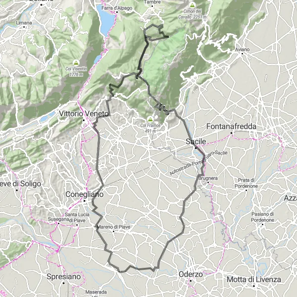 Kartminiatyr av "Cimadolmo til San Polo di Piave rundtur på sykkel" sykkelinspirasjon i Veneto, Italy. Generert av Tarmacs.app sykkelrutoplanlegger