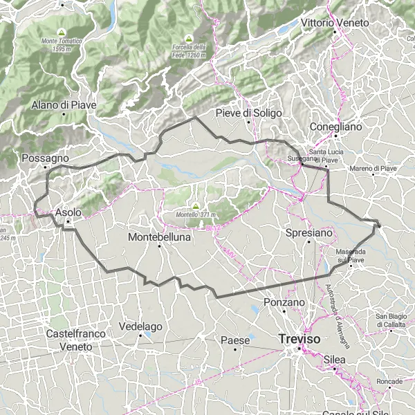 Map miniature of "Exploring Villages and Vineyards" cycling inspiration in Veneto, Italy. Generated by Tarmacs.app cycling route planner