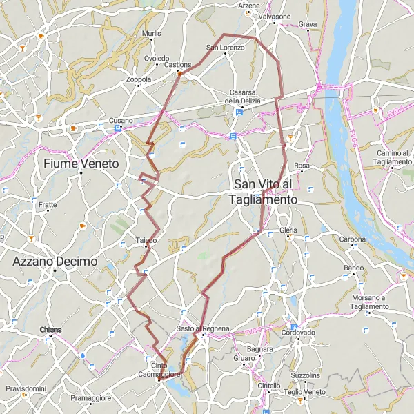 Miniaturní mapa "Gravelový okruh kolem Cinto Caomaggiore" inspirace pro cyklisty v oblasti Veneto, Italy. Vytvořeno pomocí plánovače tras Tarmacs.app