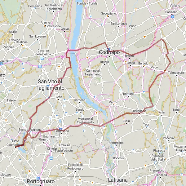 Map miniature of "Cinto Caomaggiore Gravel Loop" cycling inspiration in Veneto, Italy. Generated by Tarmacs.app cycling route planner