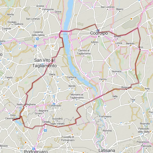 Mapa miniatúra "Gravelová cyklotrasa okolo Cinto Caomaggiore - San Vito al Tagliamento - Codroipo - Rivignano - Cinto Caomaggiore" cyklistická inšpirácia v Veneto, Italy. Vygenerované cyklistickým plánovačom trás Tarmacs.app
