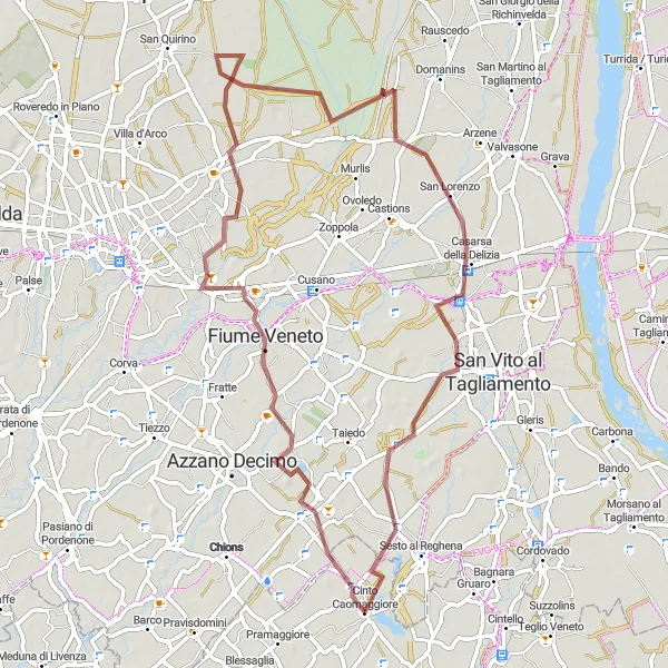 Miniaturní mapa "Gravel Route okolo Fiume Veneto" inspirace pro cyklisty v oblasti Veneto, Italy. Vytvořeno pomocí plánovače tras Tarmacs.app