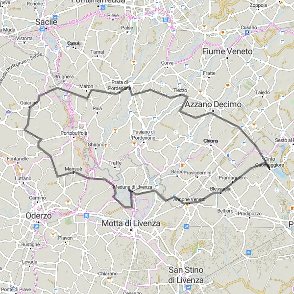 Mapa miniatúra "Cyklistická cesta okolo Cinto Caomaggiore - Pramaggiore - Meduna di Livenza - Brugnera - Prata di Pordenone - Azzano Decimo" cyklistická inšpirácia v Veneto, Italy. Vygenerované cyklistickým plánovačom trás Tarmacs.app