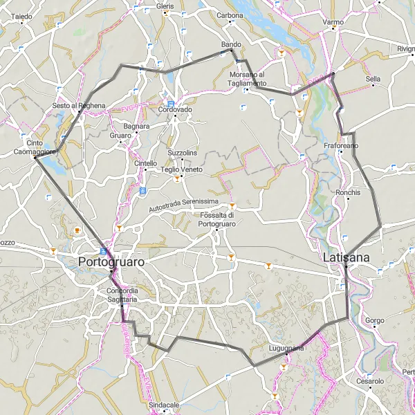 Miniatua del mapa de inspiración ciclista "Ruta de ciclismo de carretera desde Cinto Caomaggiore" en Veneto, Italy. Generado por Tarmacs.app planificador de rutas ciclistas