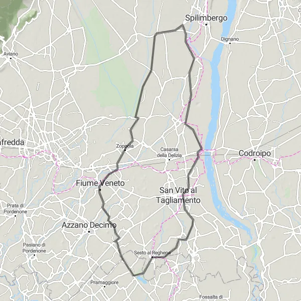 Map miniature of "Fiume Veneto Escape" cycling inspiration in Veneto, Italy. Generated by Tarmacs.app cycling route planner