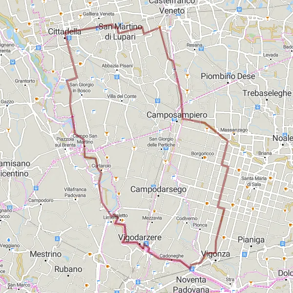 Mapa miniatúra "Dlhý gravel okruh cez San Martino di Lupari a Vigonza" cyklistická inšpirácia v Veneto, Italy. Vygenerované cyklistickým plánovačom trás Tarmacs.app