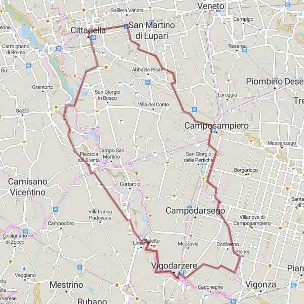 Mapa miniatúra "Gravelový okruh cez Galliera Veneta, Camposampiero, Paleoalveo - Volta di Brenta Vecchia, Limenu a Piazzola sul Brenta" cyklistická inšpirácia v Veneto, Italy. Vygenerované cyklistickým plánovačom trás Tarmacs.app