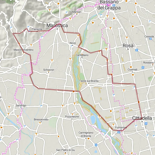 Mapa miniatúra "Gravel okruh cez Mason Vicentino a Cartigliano" cyklistická inšpirácia v Veneto, Italy. Vygenerované cyklistickým plánovačom trás Tarmacs.app